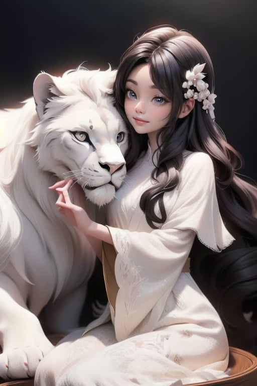 A plump cherub with petite wings and silvery hair accessories perches beside a majestic white lion,  its regal mane gliste...