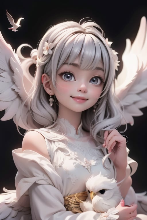 A cherubic angel,  no larger than a child's hand,  gazes in awe at a majestic white bird perched upon a cloudy pedestal. T...