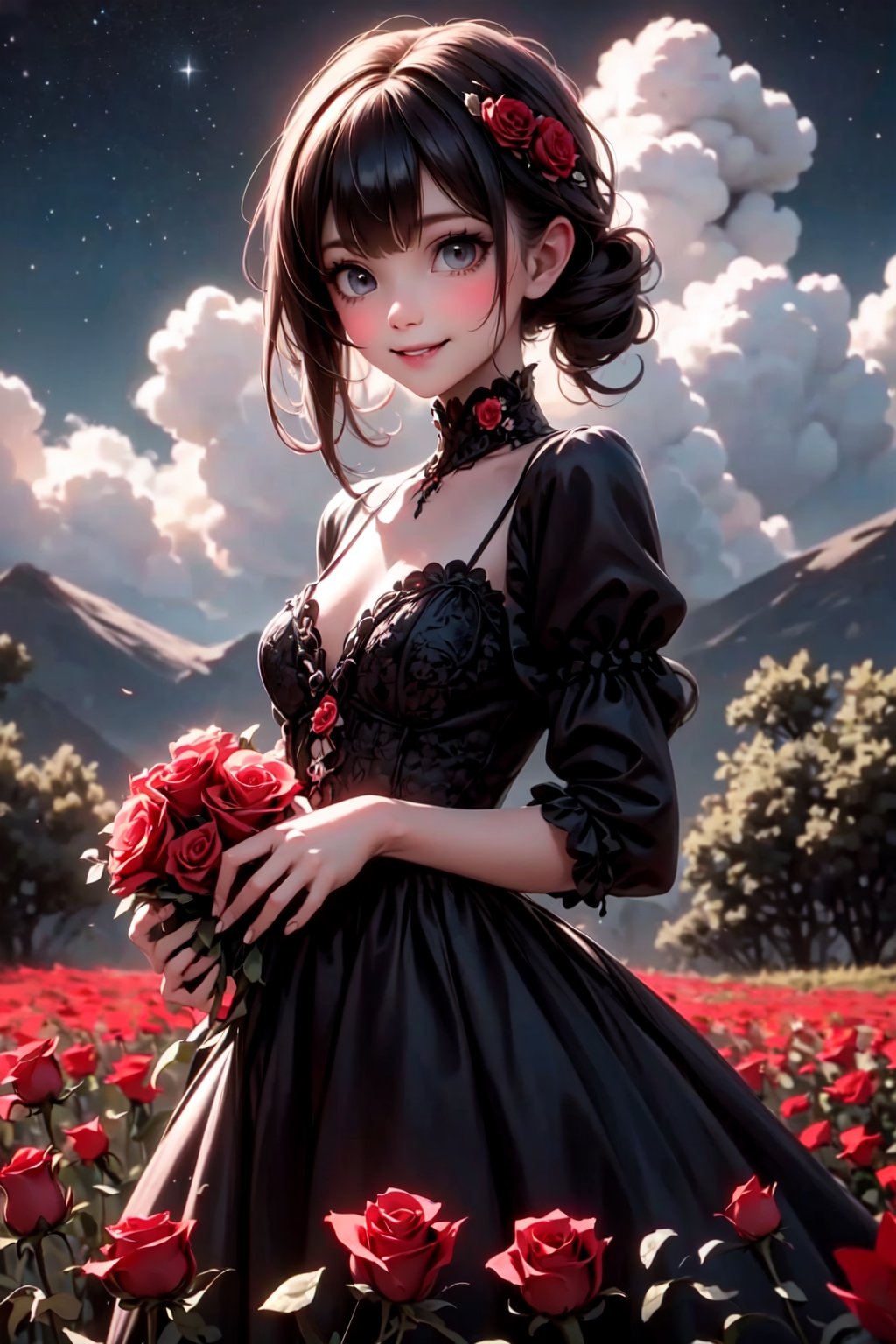 (masterpiece, best quality), a cute vampiress smiling, flower, solo, goth dress, holding red roses, night sky, cloud, outdoors, bangs, bouquet, rose, blush, flower field, red flower, black goth dress, looking at viewer, midium hair, holding flower, small breasts, red rose, holding bouquet, epth of field,