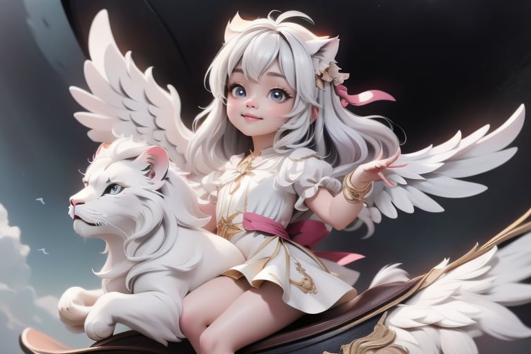 a cute small petite cherub riding a white winged lion trhough the sky,  white clothing,  white pumps by Ashmuth on Tensor.Art