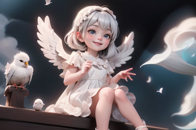 A plump cherub,  no larger than a child's hand,  sits amidst fluffy white clouds in a heavenly realm. The little angel wea...