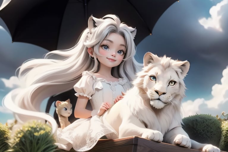 A whimsical cherub,  no bigger than a thumb,  perches on the back of a majestic white-winged lion as they soar through a b...