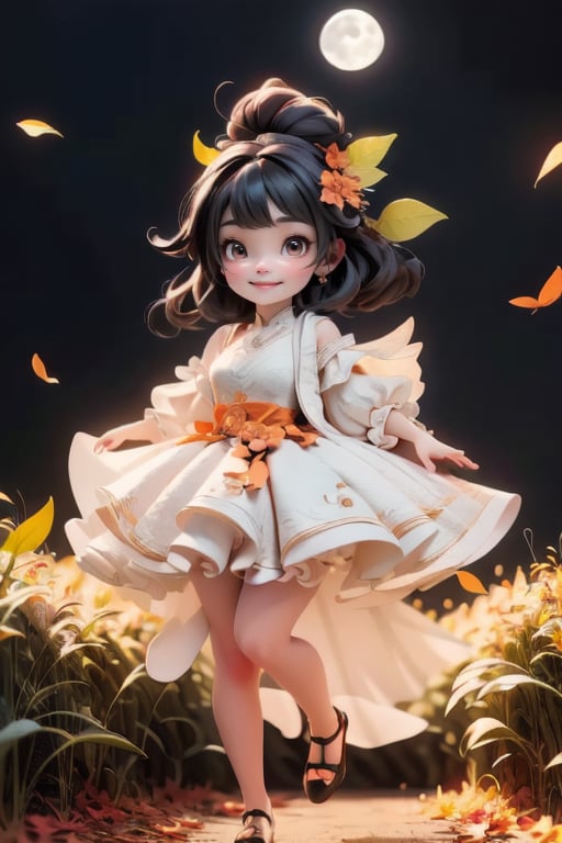 chibi, a cute harvest demon queen, smiling, dramatic floating pose, floating in the air, glowing dress, orange leaves floating around the dress, footwear patent leather flats, nighttime, glowing pumpkins, night harvest field, 8k, detailed, cinematic, dramatic lighting, warm colors, fantasy, digital art, hyper realistic, ethereal, elegant, dynamic, mystical, intricate details, full moon at background, xuer Luxury brand fashion, 
