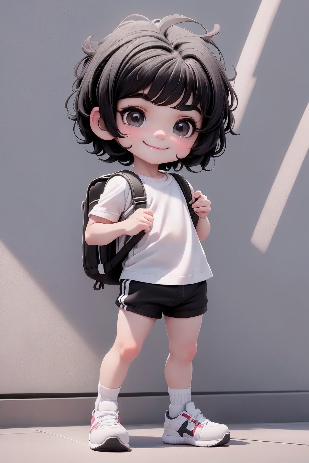 masterpiece, best quality, a cute chibi loli (boy) smiling, (((short black hair))), sport shorts, white sport shirt, white socks, white sneakers, school backpack, (((full body))),plastican00d