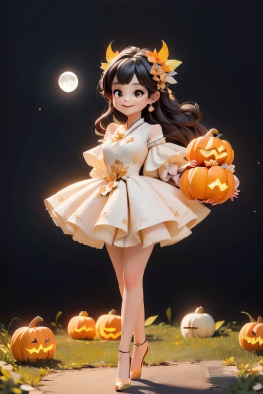 chibi, a cute harvest demon queen, smiling, dramatic floating pose, floating in the air, glowing dress, orange leaves floating around the dress, patent leather pumps, nighttime, glowing pumpkins, night harvest field, 8k, detailed, cinematic, dramatic lighting, warm colors, fantasy, digital art, hyper realistic, ethereal, elegant, dynamic, mystical, intricate details, full moon at background, xuer Luxury brand fashion, 
