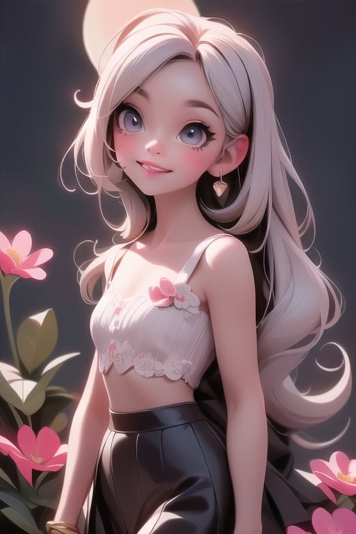 a vampire gothic girl smiling, white hair, red eyes, glowing eyes, smokey eyes makeup, white lace crop top, (black skirt), blush, night, flowers, moon