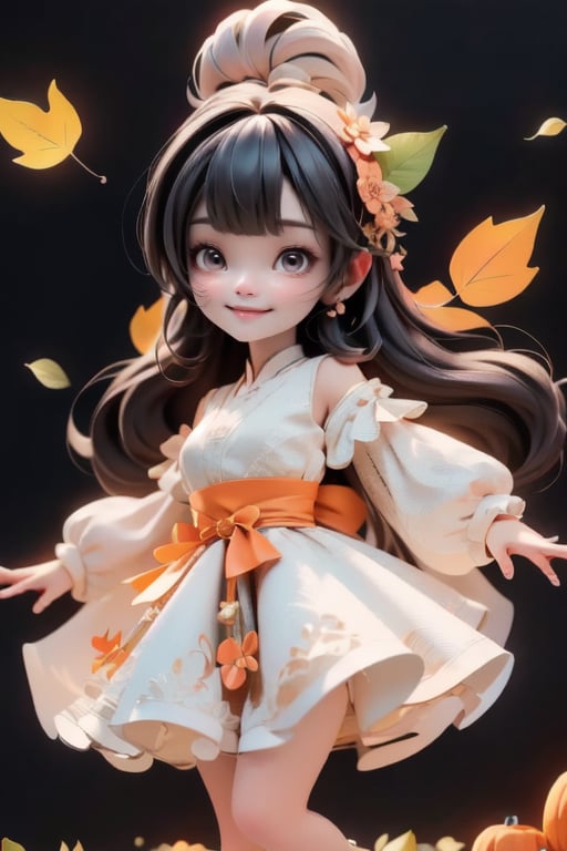 chibi, a cute harvest demon queen, smiling, dramatic floating pose, floating in the air, glowing dress, orange leaves floating around the dress, footwear patent leather flats, nighttime, glowing pumpkins, night harvest field, 8k, detailed, cinematic, dramatic lighting, warm colors, fantasy, digital art, hyper realistic, ethereal, elegant, dynamic, mystical, intricate details, full moon at background, xuer Luxury brand fashion, 
