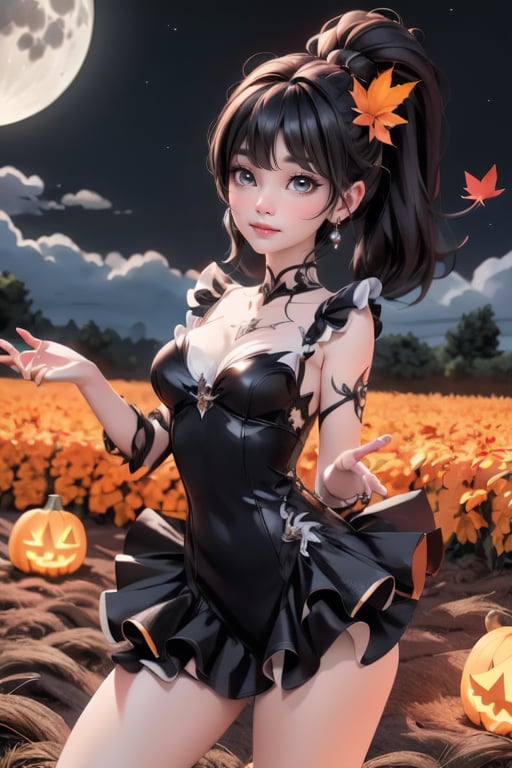 a cute harvest demon queen, dramatic floating pose, glowing dress, orange leaves floating around the dress, patent leather pumps, nighttime, glowing pumpkins, night harvest field, 8k, detailed, cinematic, dramatic lighting, warm colors, fantasy, digital art, hyper realistic, ethereal, elegant, dynamic, mystical, intricate details, full moon at background