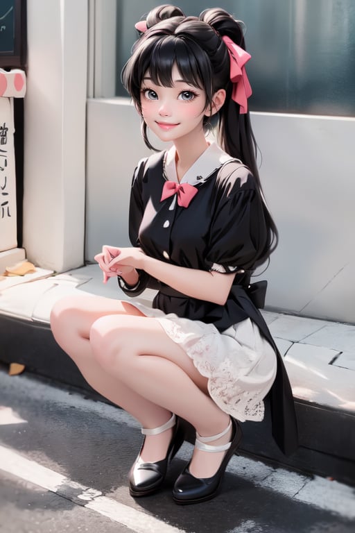 1girl smiling, black hair, hairbow, white round_toe Mary_janes pumps,