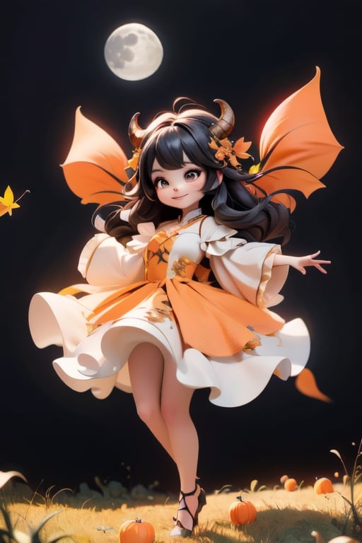 chibi, a cute harvest demon queen, smiling, dramatic floating pose, floating in the air, glowing dress, orange leaves floating around the dress, patent leather pumps, nighttime, glowing pumpkins, night harvest field, 8k, detailed, cinematic, dramatic lighting, warm colors, fantasy, digital art, hyper realistic, ethereal, elegant, dynamic, mystical, intricate details, full moon at background, xuer Luxury brand fashion, 
