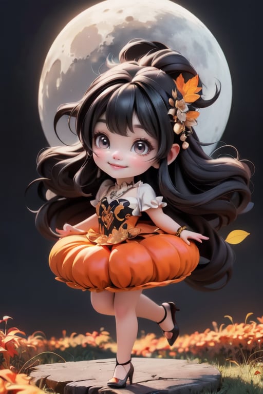 chibi, a cute harvest demon queen, smiling, dramatic floating pose, floating in the air, glowing dress, orange leaves floating around the dress, patent leather pumps, nighttime, glowing pumpkins, night harvest field, 8k, detailed, cinematic, dramatic lighting, warm colors, fantasy, digital art, hyper realistic, ethereal, elegant, dynamic, mystical, intricate details, full moon at background, xuer Luxury brand fashion, 
