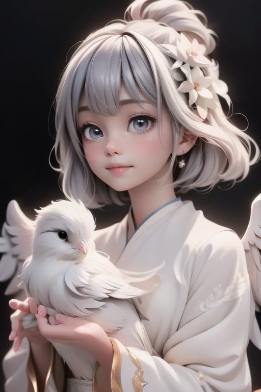 A cherubic angel,  no larger than a child's fist,  gazes upwards in rapt attention as a majestic white bird takes flight....