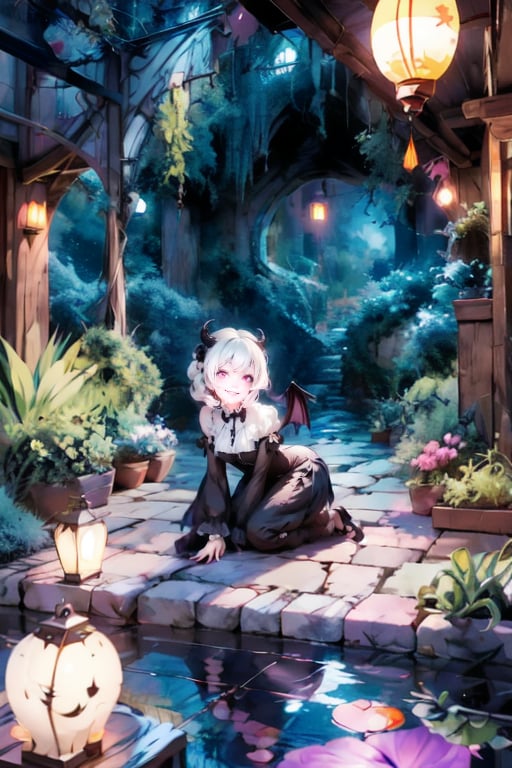 a kawaii demon_girl smiling, feathered wings, color (pumps), (nylons), kneeling, light creatures floating as lanterns, victorian greenhouse at night, nighttime, night scenery, creepy ambient, gothic art style, lanterns, starryscene