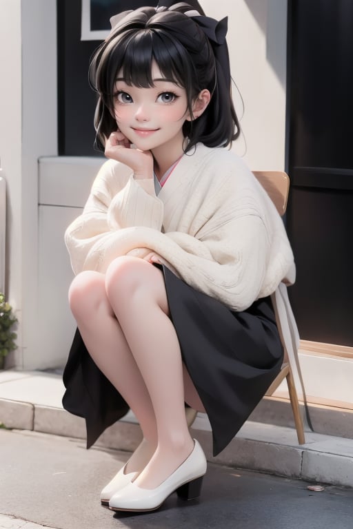 1girl smiling, black hair, hairbow, white round_toe Mary_janes pumps,