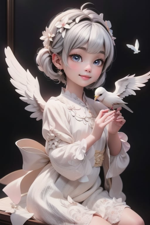 In a serene haven of heaven,  a diminutive cherub with plump features and a sweet expression gazes in wonder at a majestic...