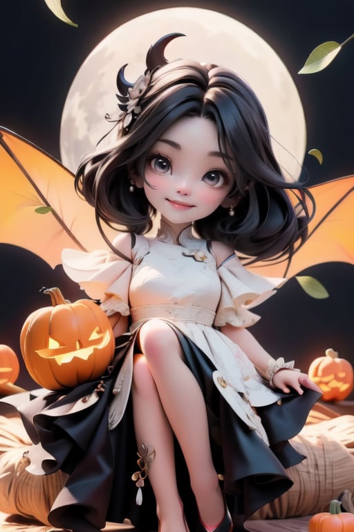 chibi, a cute harvest demon queen, smiling, dramatic floating pose, floating in the air, glowing dress, orange leaves floating around the dress, patent leather pumps, nighttime, glowing pumpkins, night harvest field, 8k, detailed, cinematic, dramatic lighting, warm colors, fantasy, digital art, hyper realistic, ethereal, elegant, dynamic, mystical, intricate details, full moon at background, xuer Luxury brand fashion, 
