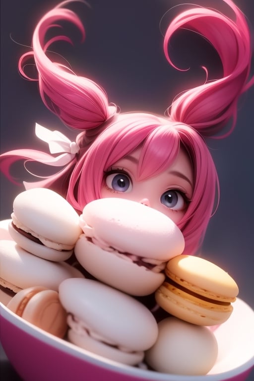 1girl, ice cream, cream, macaron, tongue out, multicolor hair, smagnificent panorama view, glossy eyes, cinematic shot, vibrant colors, gorgeous colors, dynamic action pose,