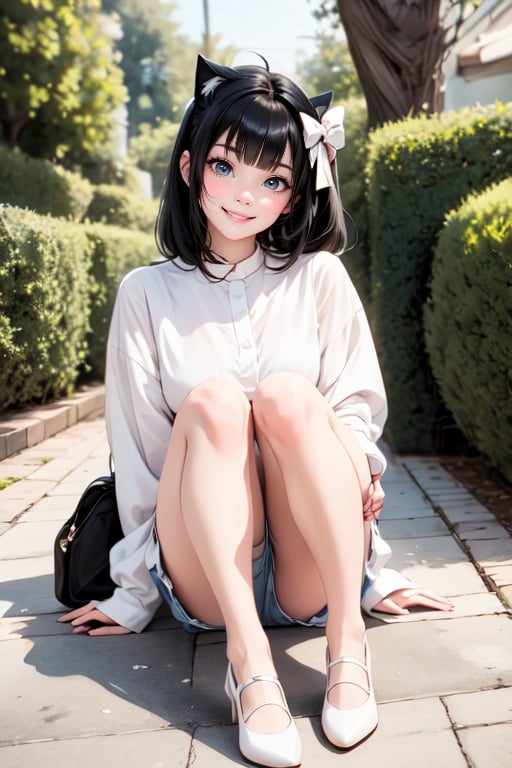 1girl smiling, black hair, hairbow, white round_toe Mary_janes pumps,