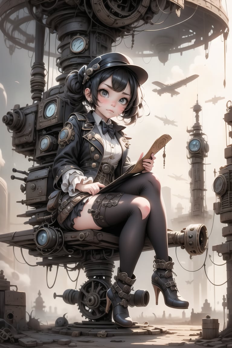 a cute girl ((disgusted look)), pumps, sitting on a steampunk flying machine, steampunk art style