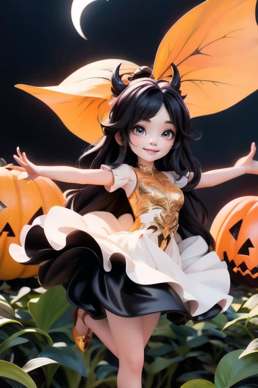 chibi, a cute harvest demon queen, smiling, dramatic floating pose, floating in the air, glowing dress, orange leaves floating around the dress, patent leather pumps, nighttime, glowing pumpkins, night harvest field, 8k, detailed, cinematic, dramatic lighting, warm colors, fantasy, digital art, hyper realistic, ethereal, elegant, dynamic, mystical, intricate details, full moon at background, xuer Luxury brand fashion, 
