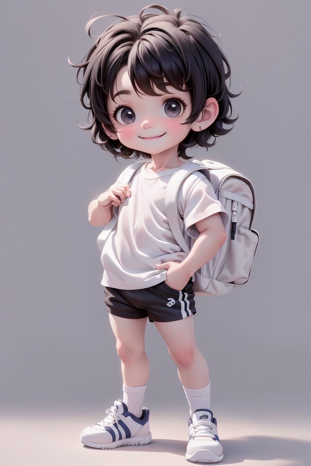 masterpiece, best quality, a cute chibi loli (boy) smiling, (((short))) black hair, sport shorts, white sport shirt, ((white)) socks, white sneakers, school backpack, (((full body))),plastican00d