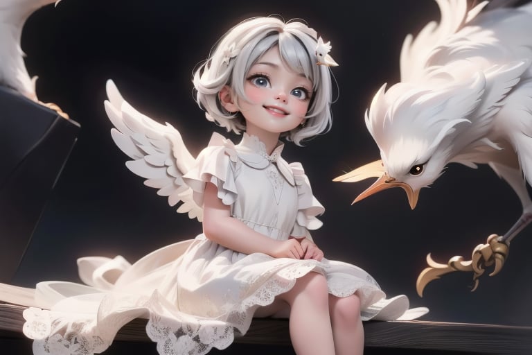 A plump cherub,  no larger than a child's hand,  sits amidst fluffy white clouds in a heavenly realm. The little angel wea...