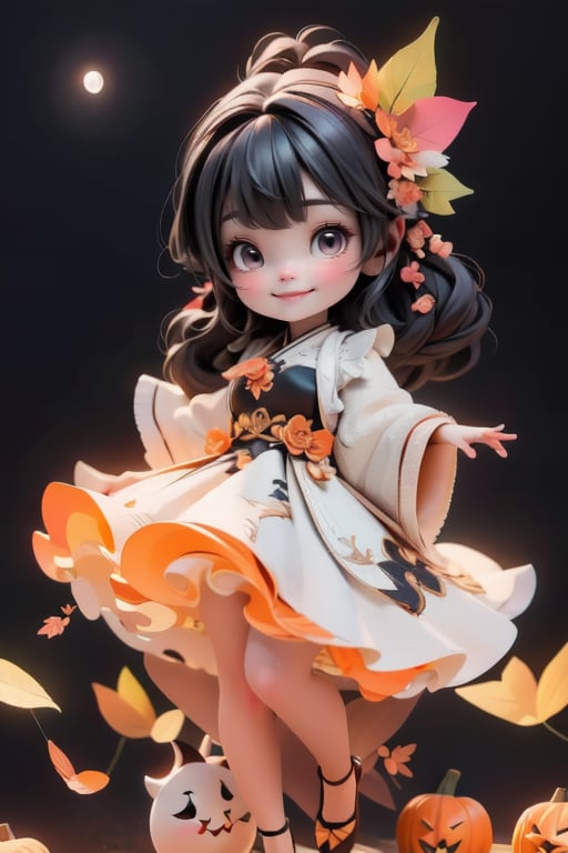 chibi, a cute harvest demon queen, smiling, dramatic floating pose, floating in the air, glowing dress, orange leaves floating around the dress, patent leather pumps, nighttime, glowing pumpkins, night harvest field, 8k, detailed, cinematic, dramatic lighting, warm colors, fantasy, digital art, hyper realistic, ethereal, elegant, dynamic, mystical, intricate details, full moon at background, xuer Luxury brand fashion, 
