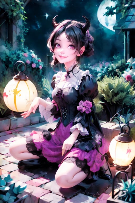 a kawaii demon_girl smiling, red pumps, kneeling, victorian greenhouse at night, nighttime, night scenery, creepy ambient, gothic art style, lanterns, starryscene