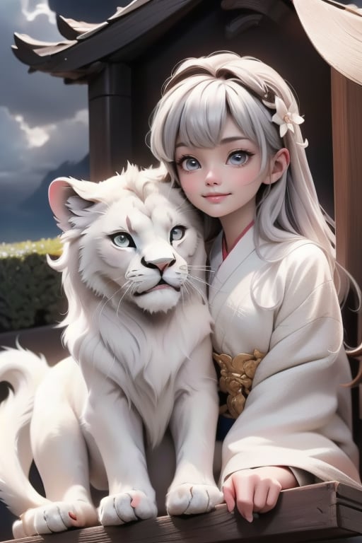 A diminutive cherub,  attired in crisp white clothing and matching pumps,  perches beside a majestic white lion on a cloud...