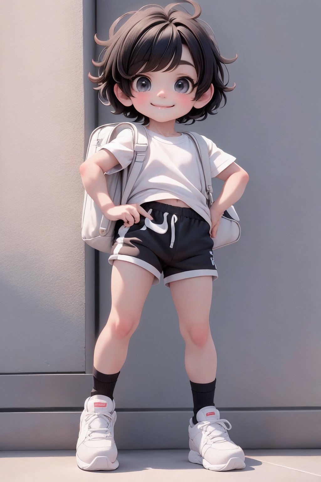 masterpiece, best quality, a cute chibi loli (boy) smiling, (((short))) black hair, sport shorts, white sport shirt, white socks, white sneakers, school backpack, (((full body))),plastican00d