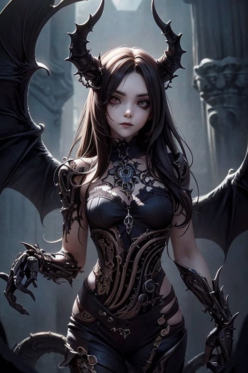 Gothic style style girl,devil,demons,detailed,mystery,Surrealist,biomechanical,airbrush,dark,Impressionist,Dark,mysterious,haunting,dramatic,ornate,detailed,