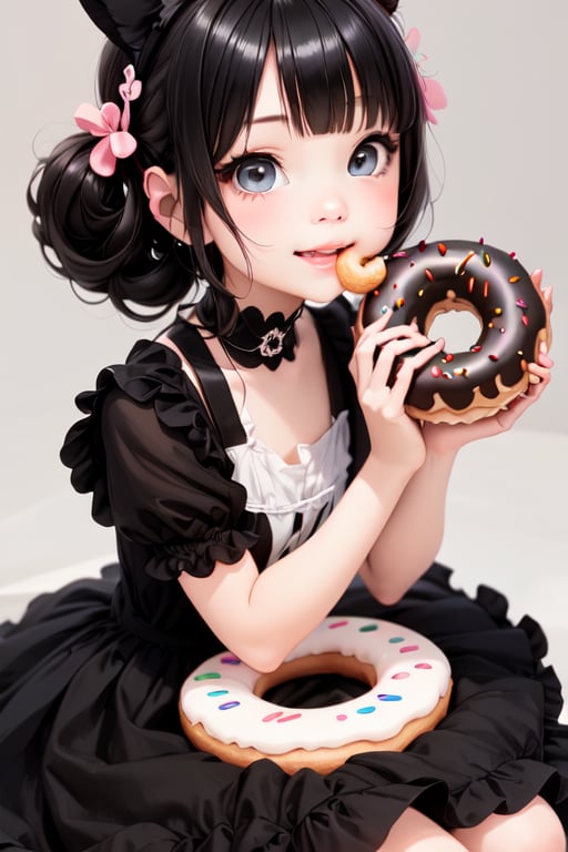 a delicate chibi girl eating a giant donut, black hair, donuts hair accesories, donuts theme dress, pumps, kawaii style, donuts land at background