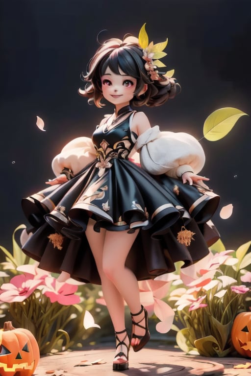 chibi, a cute harvest demon queen, smiling, dramatic floating pose, floating in the air, glowing dress, orange leaves floating around the dress, patent leather PLATFORM pumps, nighttime, glowing pumpkins, night harvest field, 8k, detailed, cinematic, dramatic lighting, warm colors, fantasy, digital art, hyper realistic, ethereal, elegant, dynamic, mystical, intricate details, full moon at background, xuer Luxury brand fashion, 
