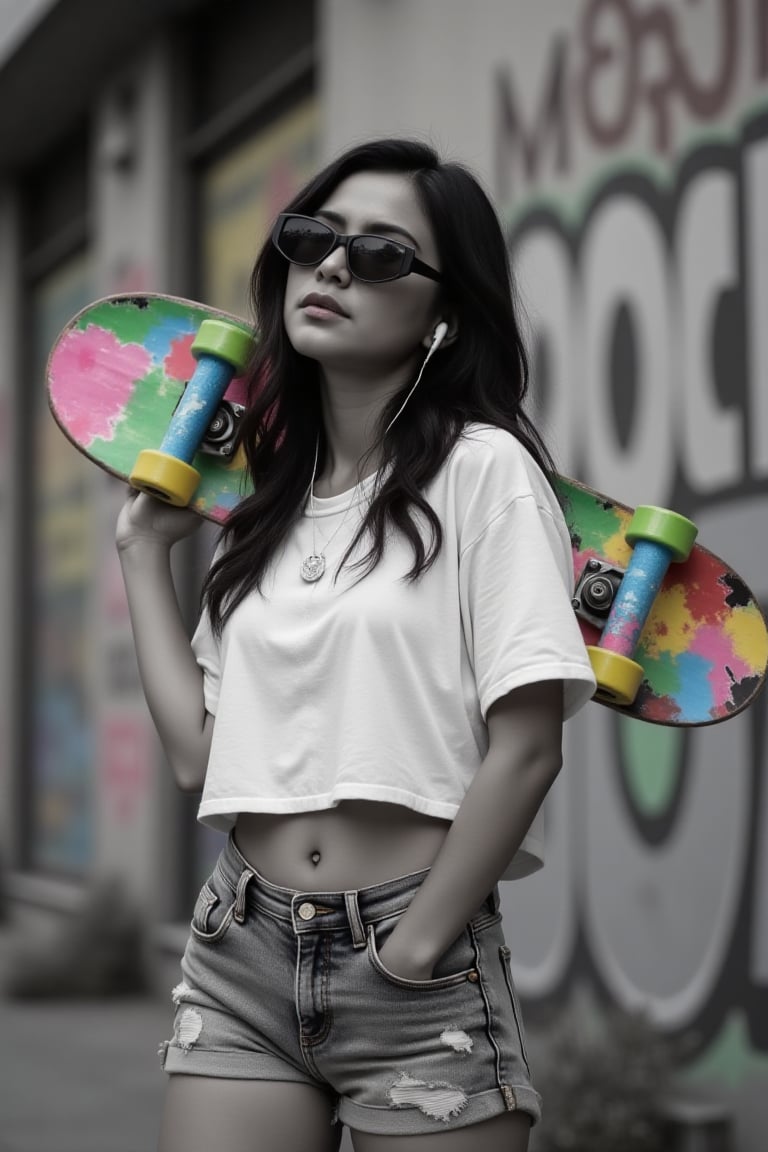 A stylish young woman with long hair stands confidently in an urban setting,  holding a colorful skateboard over her shoul...