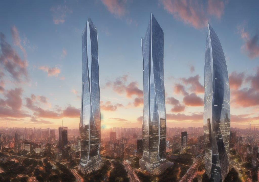 Generate an image of a futuristic cityscape at sunset with flying cars and towering skyscrapers.,  yofukashi background by...
