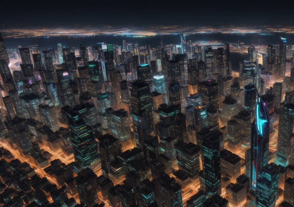 Generate an image of a futuristic cityscape at night with flying cars and tall skyscrapers.,yofukashi background