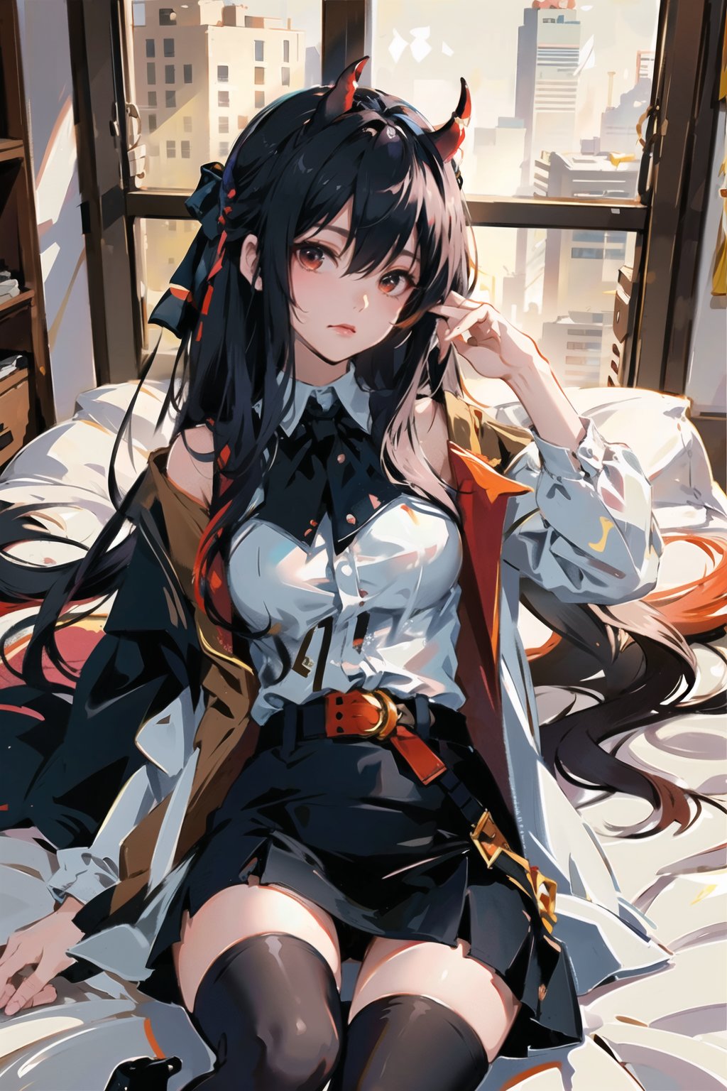 masterpiece,best quality,
tutugp
1girl, long hair, solo, lying,on bed, thighhighs, skirt, looking at viewer,  sleeveless, black skirt, window,  shirt, coat, zettai ryouiki, very long hair, black thighhighs, bangs, parted bangs, pencil skirt, demon horns, knee up, sleeveless shirt, white shirt, indoors, night, forehead, hair spread out, belt, miniskirt, 