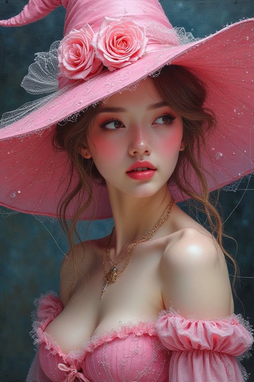 korean women, oil painting impasto pink female witch portrait beauty pretty soft dewy glow skin sparkle highlighter pink haired youthful witch web witch feminine retro vintage antique spiderwebs on her pointed pink witchhat wearing a spiderweb pink corset ribbon laced up, with dewdrops on a pink roses with spiderwebs with dewdrops on the webs halloween spiderwebs spider-web hd highres 4k 8k coquette aesthetic