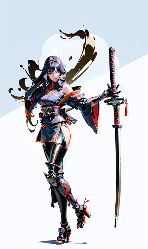 1 girl, (masterpiece), ink sketch, milf, mature woman, mecha musume, ((katana girl, katana, 15th century Chinese sword, chevron colors, dynamic pose, sexy woman, fighting pose)), kimono, sly look, bare shoulders, (((samurai equipment))), ((female samurai, holding a long katana, beautiful, holding a weapon)),(((emphasis on katanas, the main subject of katana))), ((samurai)),