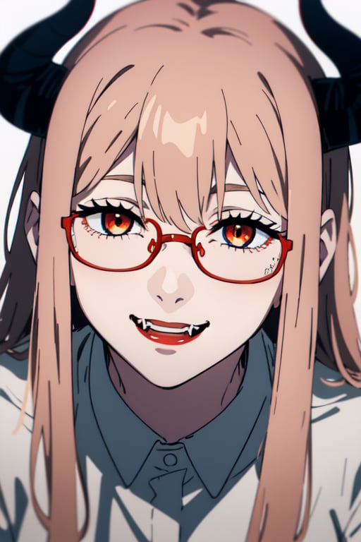 1 girl, solo, looking at viewer, white background, long hair, multicolored hair, makeup, parted lips, red lips, eyeliner, ink sketch, horns, glasses, succubus, fangs, whimsical smile,inksketch,makima \(chainsaw man\)