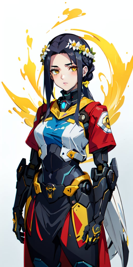 1 girl, (masterpiece), (ink sketch, milfification, mature woman, Ukrainian, blue and yellow colors, ,milfication, in the field, a wreath of flowers on the head, embroidered shirt, red skirt,mature female,mecha musume,Science Fiction,WonderWaifu,Wlop), ((owl tail, black tail, yellow eyes))