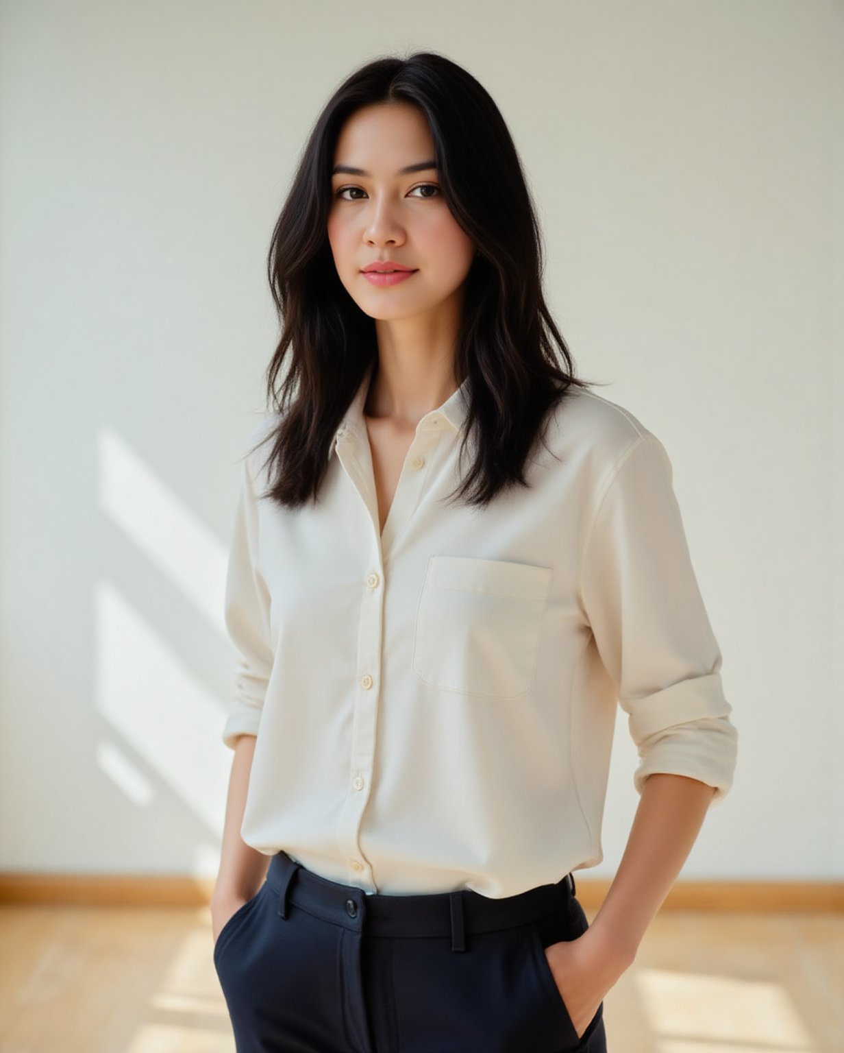A young female with black hair,  wearing a simple white button-down shirt and dark navy blue trousers. The woman has a neu...