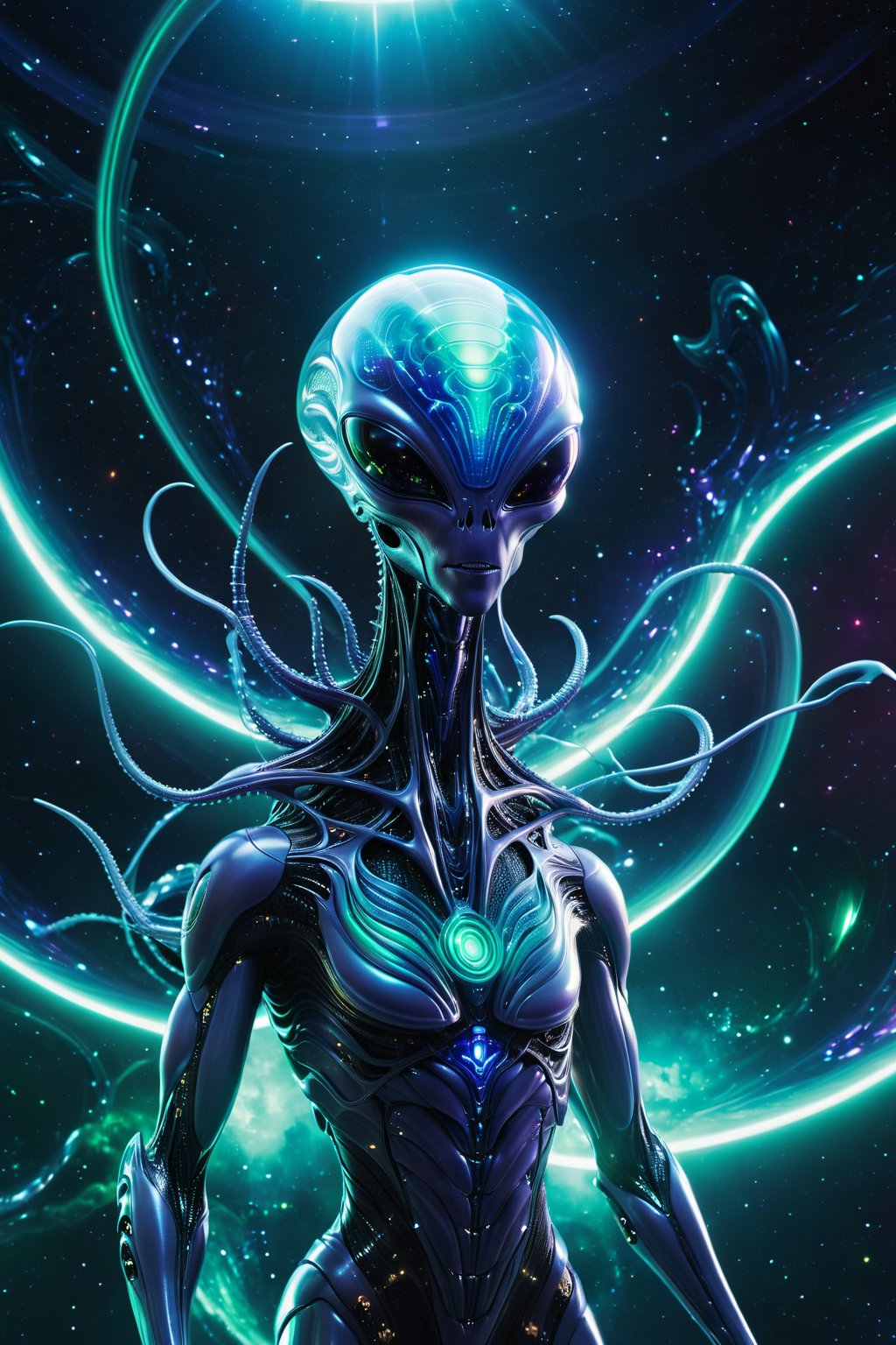 Depict Clubhouse as an alien communicator,  an elegant,  translucent alien with soundwave patterns running through its bod...