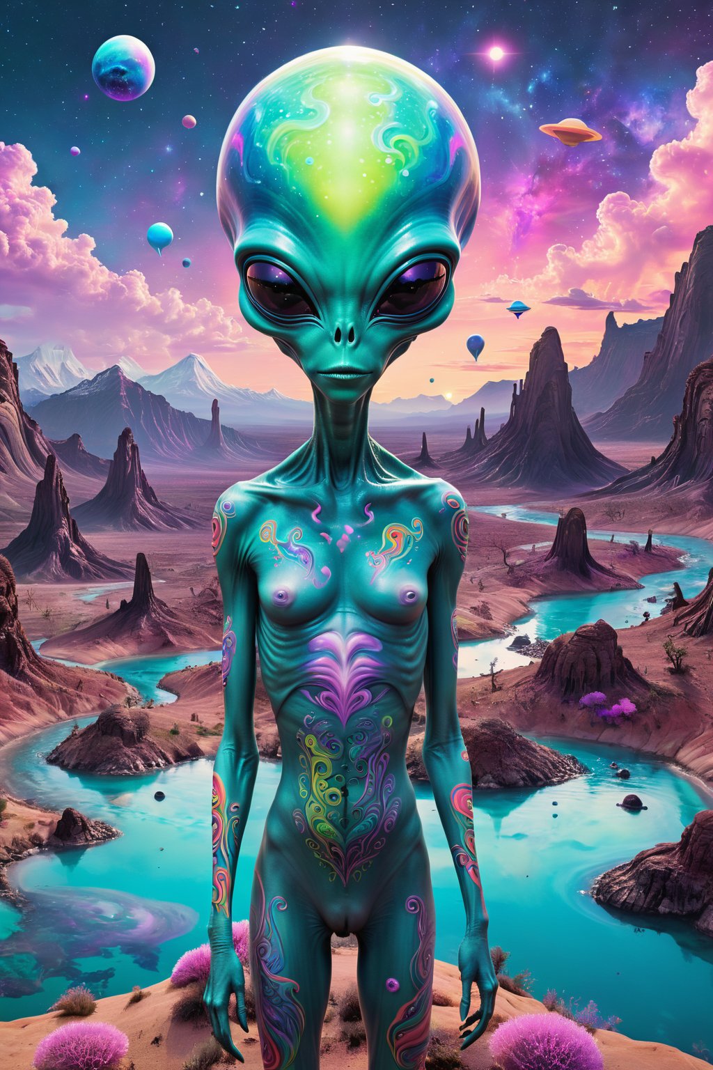 Portray Tumblr as an alien artist,  a whimsical,  multi-colored alien with a body covered in digital tattoos and a head sh...