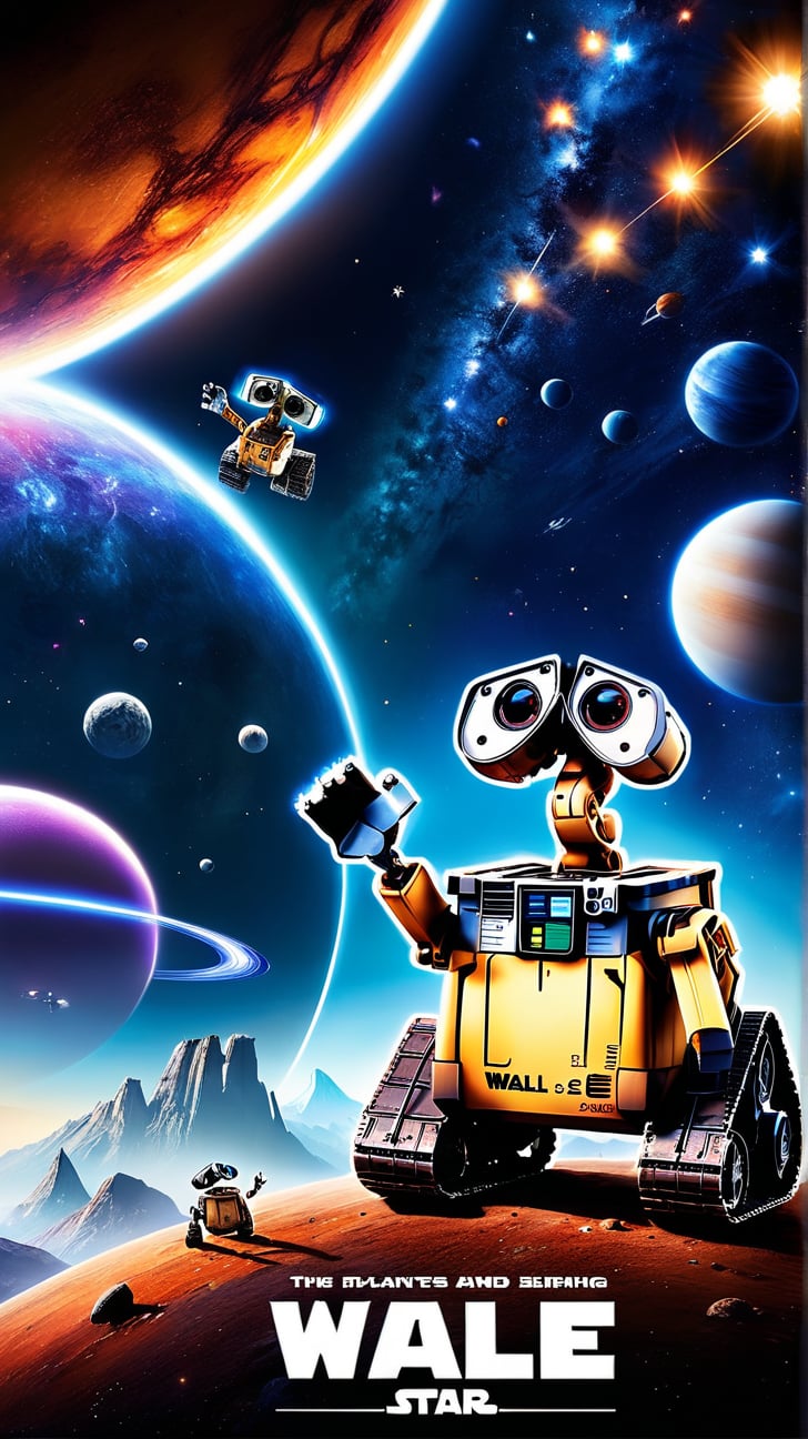 Futuristic Space and Landscape: The poster showcases Wall-E, Eve, and a host of other robots embarking on a cosmic journey. Set against a 4k resolution backdrop, myriad planets and twinkling stars stretch infinitely, hinting at the vastness of space and the adventures that lie ahead for our heroes.