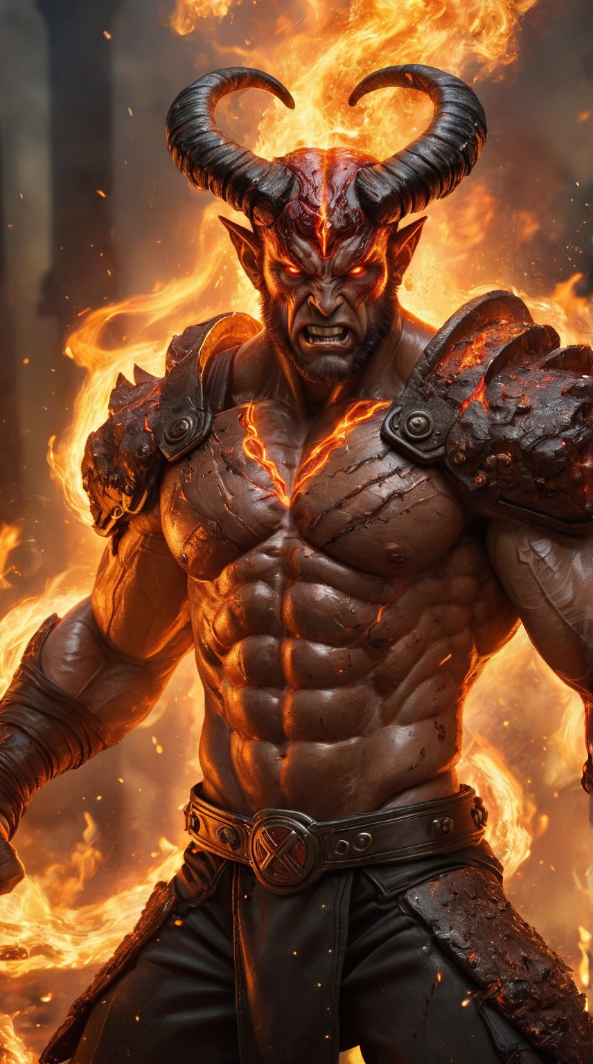 Reimagine Aries as an X-Men mutant with the ability to summon and control fire. The image captures a close-up of a fierce, muscular warrior with ram-like horns protruding from his head, eyes ablaze with fiery determination. His hands crackle with intense flames, illuminating his chiseled features and battle-worn armor. The background is a charred landscape with embers floating in the air, enhancing the scene's intensity. Particles of ash and sparks swirl around him, creating a dynamic, action-packed portrait that radiates raw power and unyielding spirit.