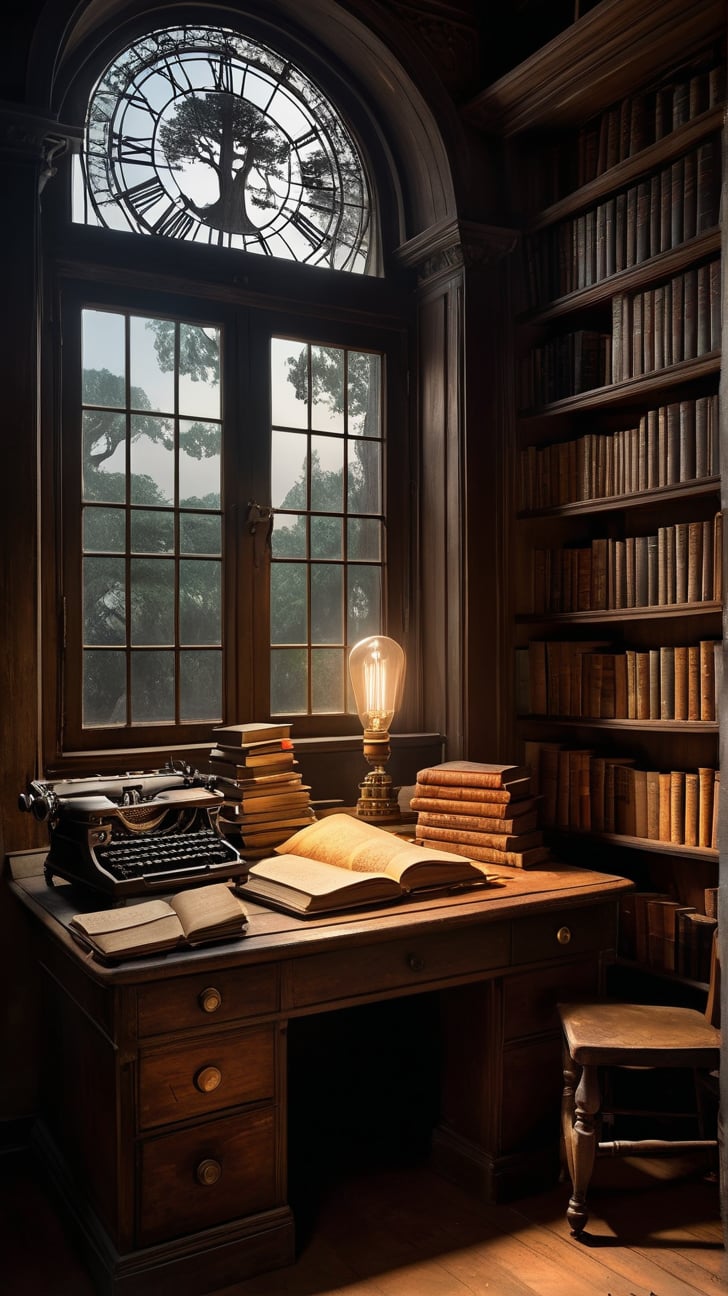 An overlooked corner of a library, shelves laden with age-worn books of varying sizes. Dominating the space is a massive window, revealing the silhouettes of timeless trees. Nearby, a ship rests within a bottle, evoking tales of yore. The ambiance is dusty and disorderly, with an expansive, timeworn world map spread out prominently. A singular, ancient bulb casts a faint glow, illuminating an antiquated desk where a typewriter silently crafts stories. The overall mood is somber and reminiscent, portrayed with hyper-realistic finesse, intricately detailed in high resolution - a perfect, evocative book cover.