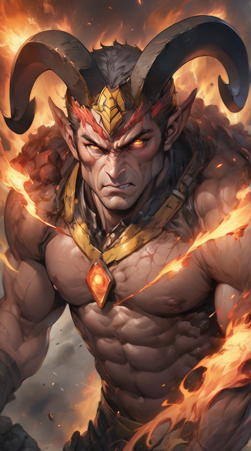 Reimagine Aries as an X-Men mutant with the ability to summon and control fire. The image captures a close-up of a fierce, muscular warrior with ram-like horns protruding from his head, eyes ablaze with fiery determination. His hands crackle with intense flames, illuminating his chiseled features and battle-worn armor. The background is a charred landscape with embers floating in the air, enhancing the scene's intensity. Particles of ash and sparks swirl around him, creating a dynamic, action-packed portrait that radiates raw power and unyielding spirit.