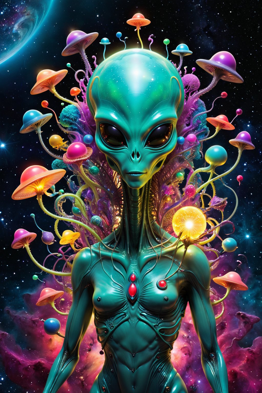 Illustrate Pinterest as an alien curator,  a beautifully adorned alien with a collection of glowing,  pin-like appendages...