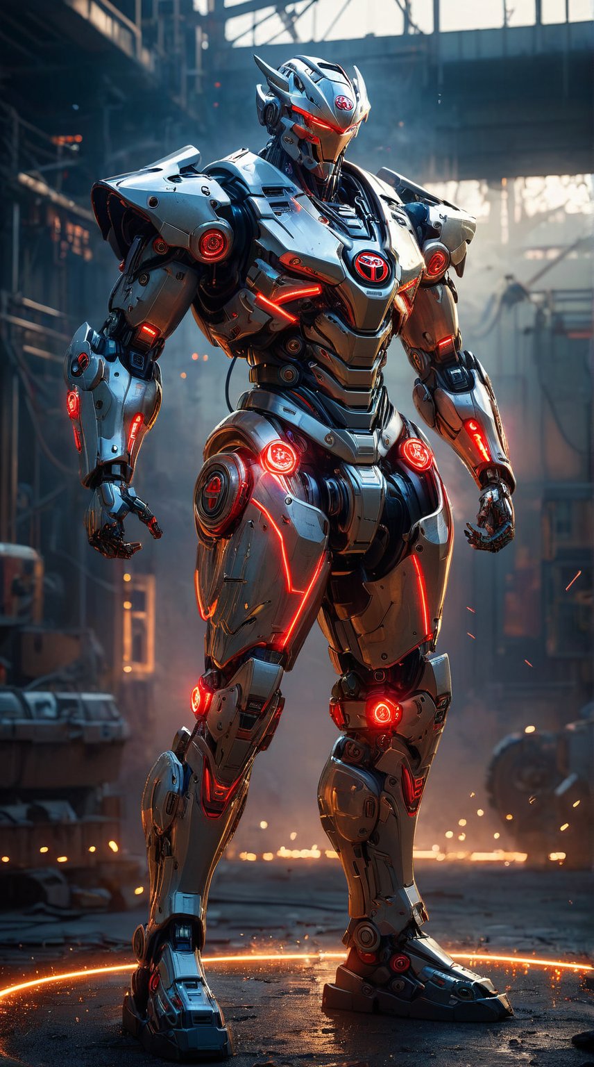 Generate a portrait of a colossal robotic warrior representing Toyota, standing tall with a commanding presence. This robotic titan should have sleek, aerodynamic armor plates inspired by the curves of Toyota vehicles. The chest plate bears the iconic Toyota emblem, illuminated with a soft, red glow. Its eyes are sharp and fierce, glowing with a brilliant blue light. The arms and legs are adorned with intricate mechanical details, showing off advanced engineering. Surround the warrior with a dynamic bokeh background, featuring electric sparks flying around. Add cinematic light, highlighting the metallic surfaces with subtle lens flares. Incorporate particles and sparks around the edges, emphasizing its power and technological prowess.